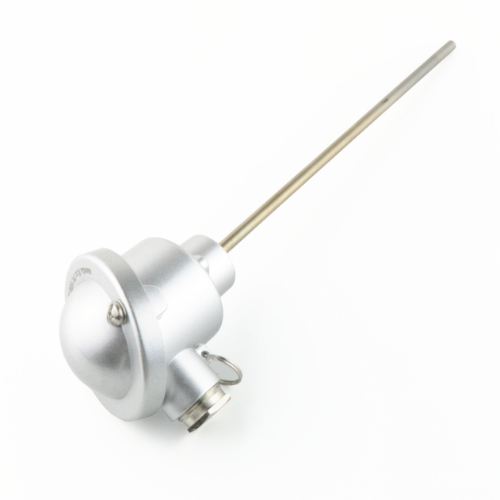 Mineral insulated temperature probe with connection head. Available as Pt100, Pt1000 or thermocouple